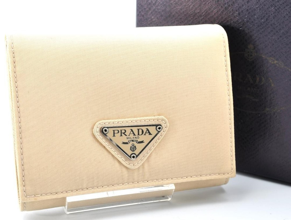PRADA Triangle Logo Tri-Fold Wallet in Nylon and Leather with Box & Accessories