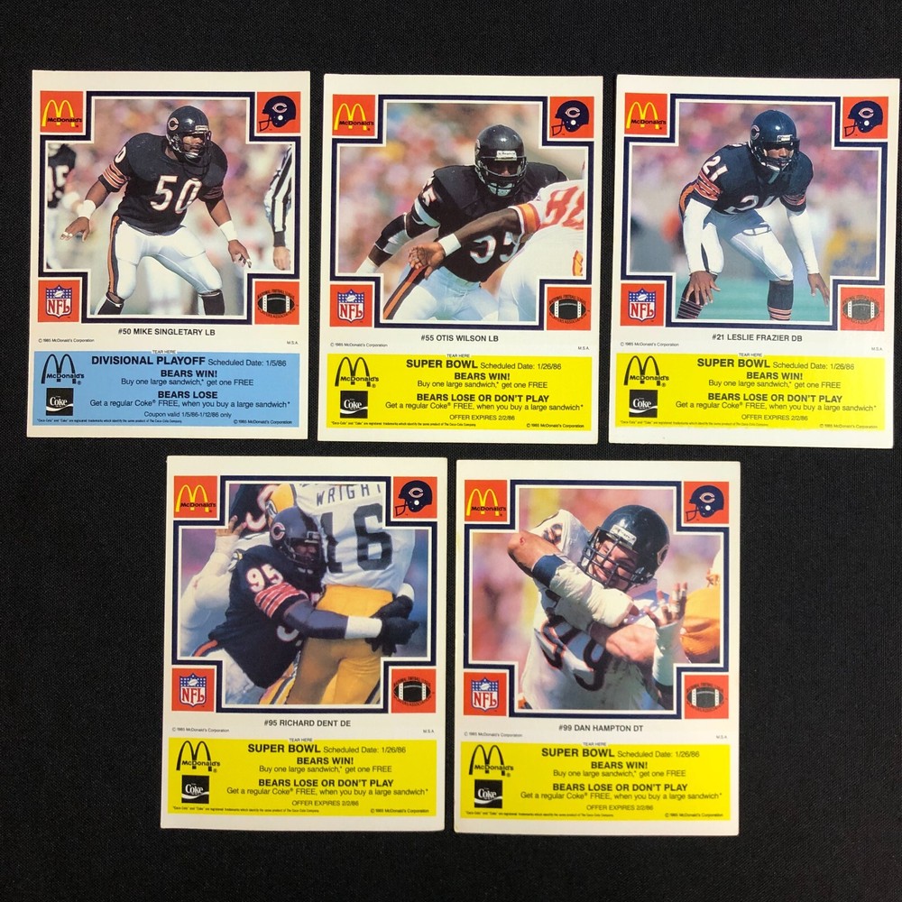 1985 Chicago Bears McDonalds Super Bowl Vintage Coupon Trading Cards Lot of 5-image