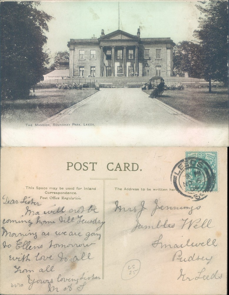 The Mansion Roundhay Park Leeds FWD 1906 postmark Architecture Landscapes Cities