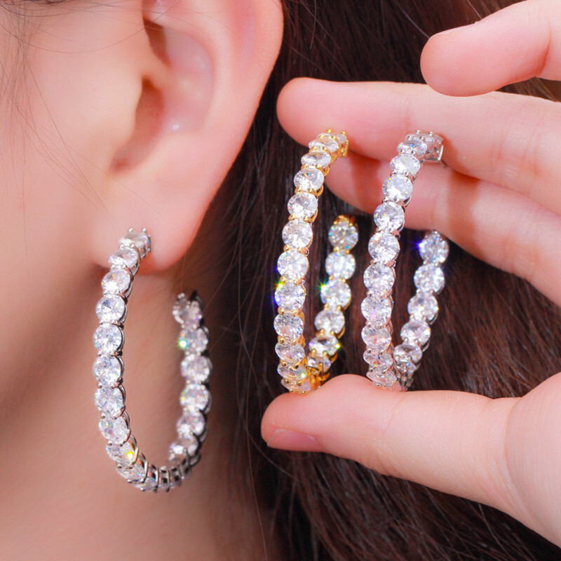 Sparkling Round Cubic Zirconia Hoop Earrings Wedding Women Silver Plated Jewelry