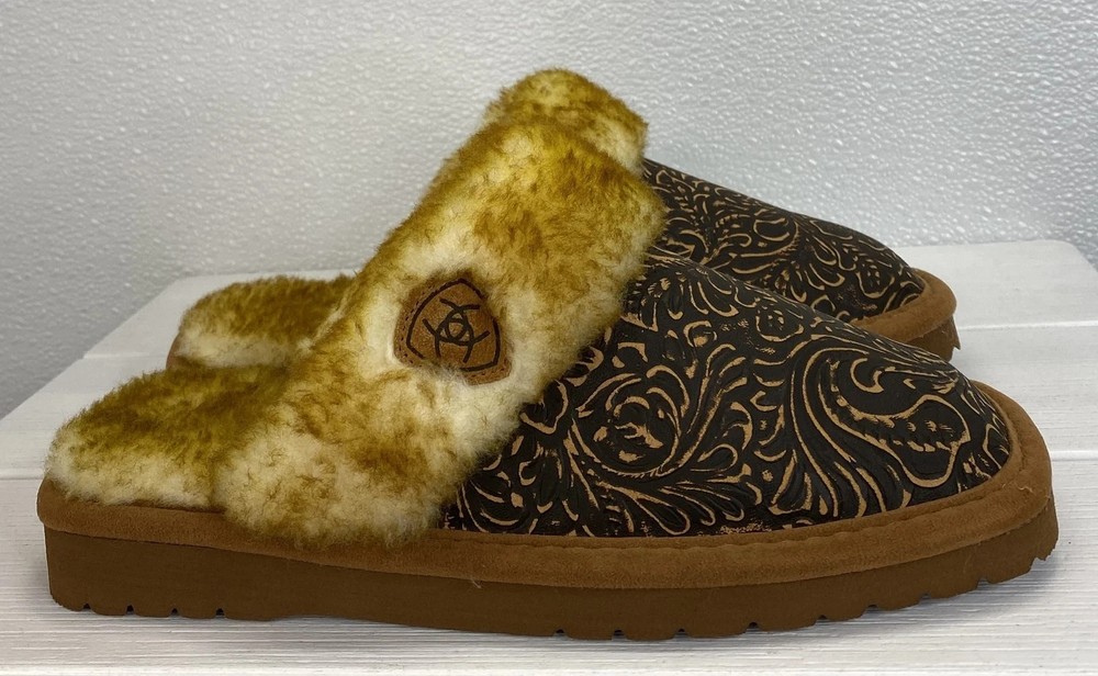 Ariat Jackie Embossed Slippers Square Toe Women's Size 6 Suede Brown Slip On