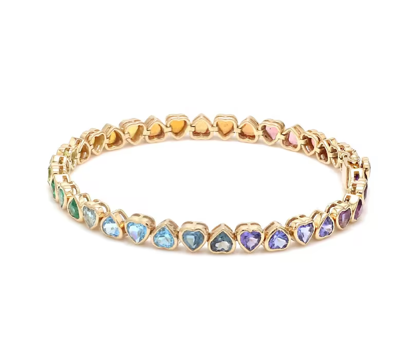 15ct Heart Simulated Multi-Color Sapphire Tennis Bracelet 14k Yellow Gold Plated