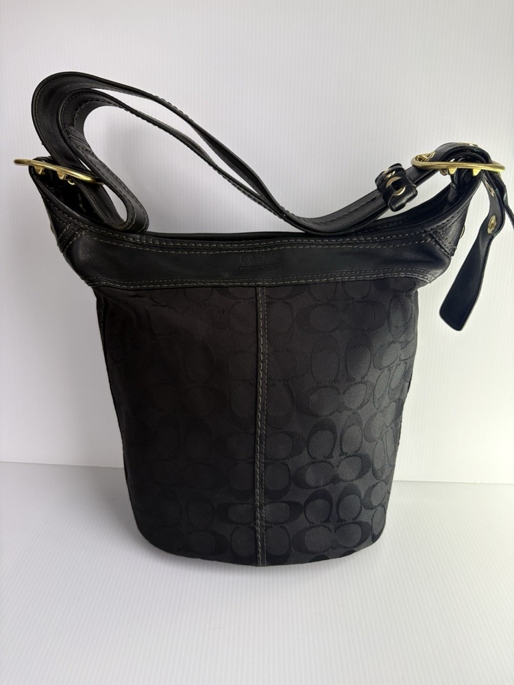 Coach Bleecker Signature Black Canvas Leather Trim Bucket Crossbody Shoulder Bag