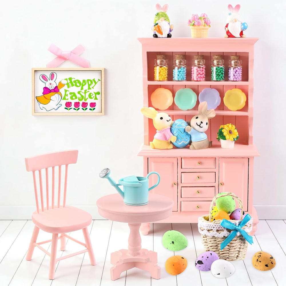 38Pcs Easter Dollhouse Miniatures Decorations 1:12 Scale Mini Pink Wooden Booksh