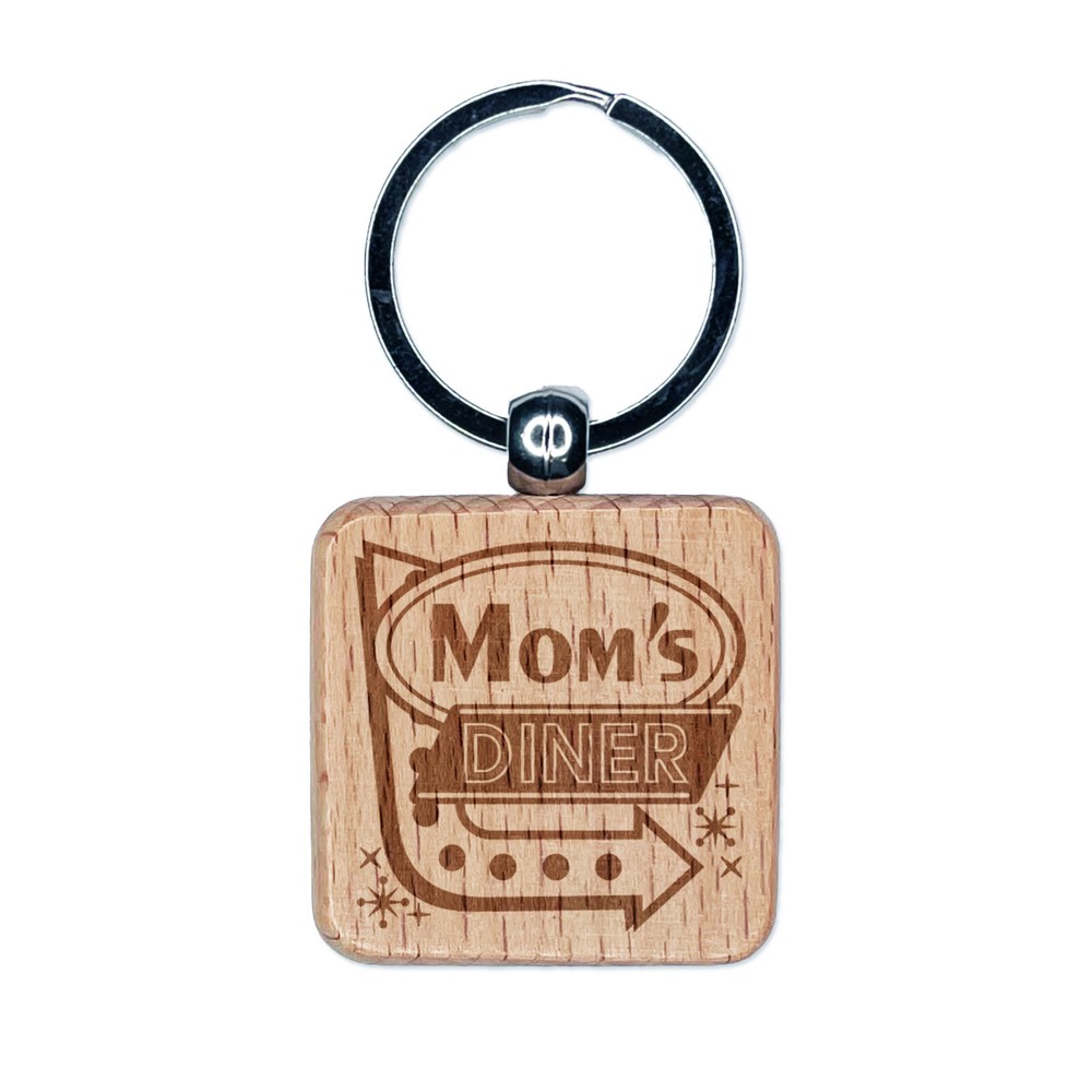 Mom's Retro Diner Sign with Arrow Engraved Wood Square Keychain Tag Charm