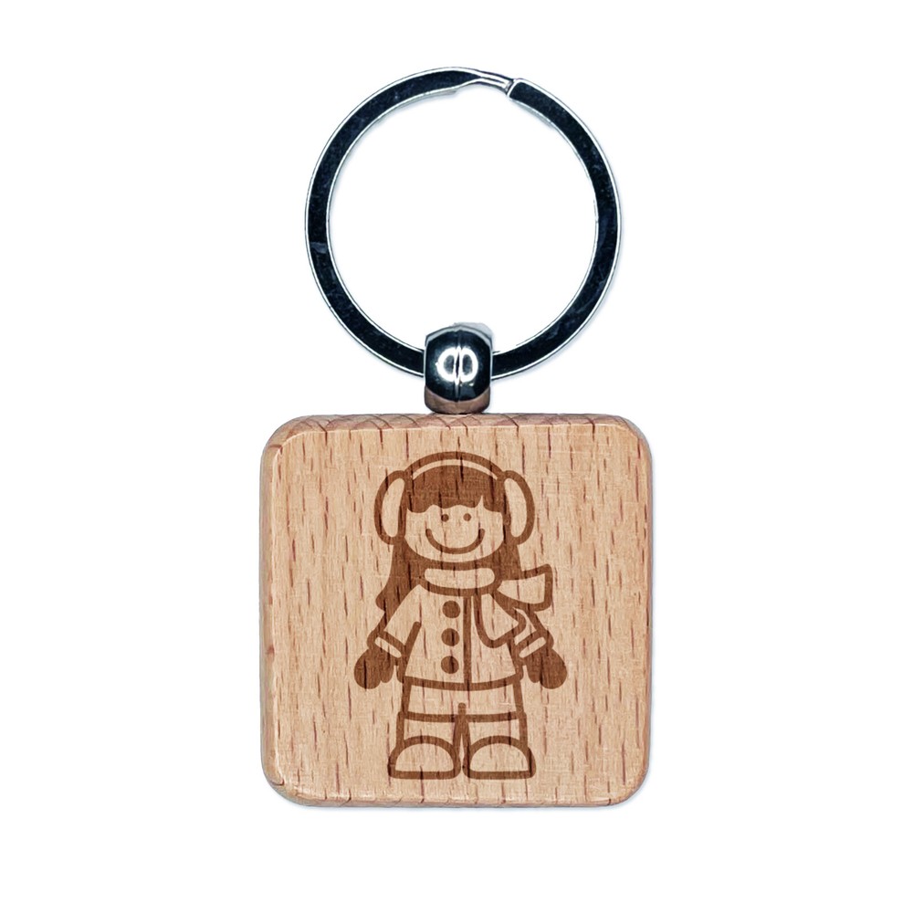 Stick Figure Winter Girl Engraved Wood Square Keychain Tag Charm