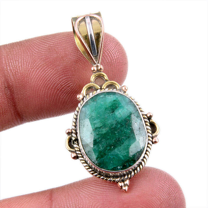 Emerald(Simulated) Handmade 925 Sterling Silver Gift Two Tone Pendant 1.5