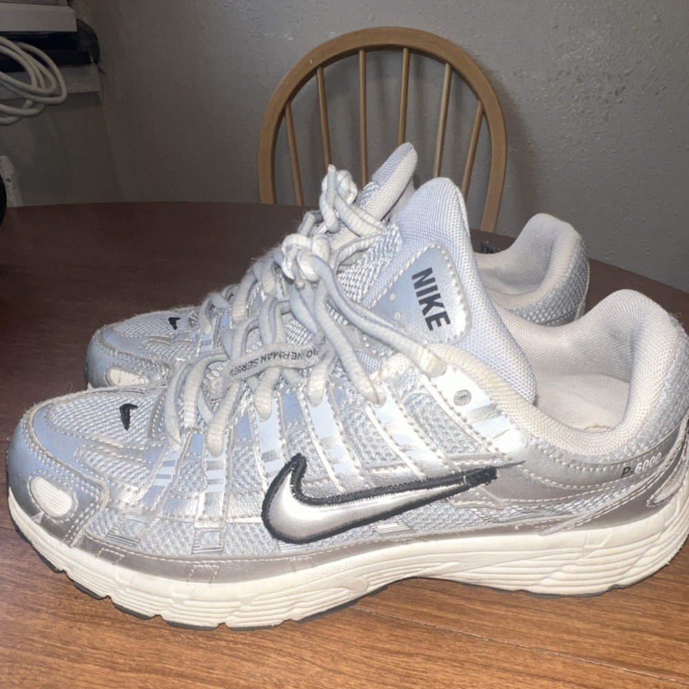 Nike P-6000 Silver White Unisex Kids Athletic Sneakers 4.5Y Synthetic Low Top