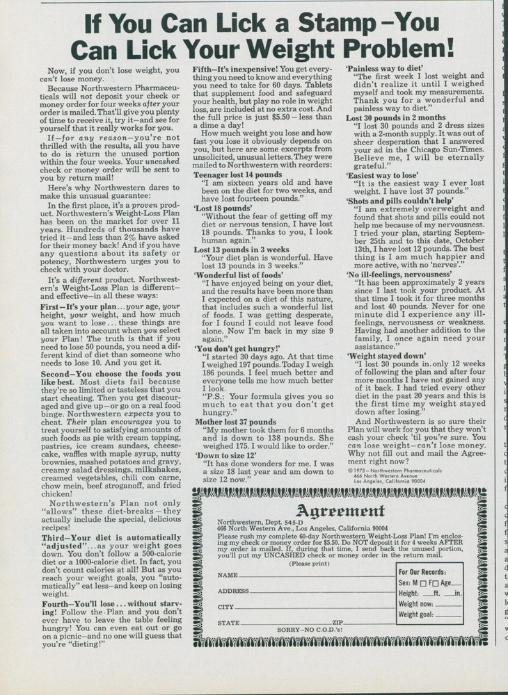 1973 Northwestern Pharmaceuticals Weight Loss Plan Lick Stamp Print Ad SP6