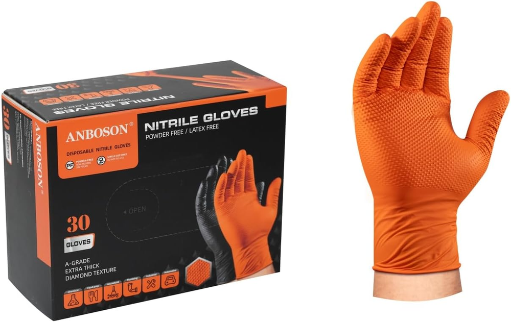 100/Box Heavy Duty Orange Nitrile Gloves -10Mil, Raised Diamond Grip, Latex-Free