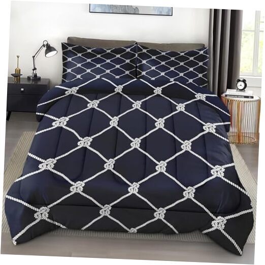 Comforter Set Size, Nautical Navy Blue Fishing Soft 3 Queen Navy Blue Geometric