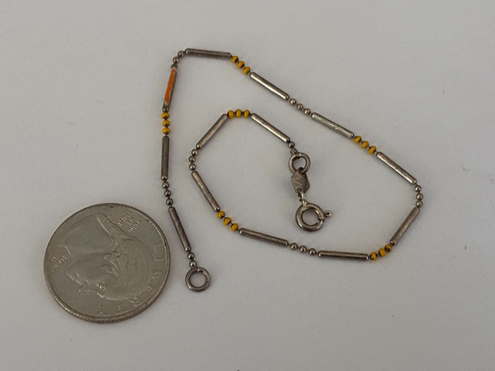 Vintage 925 Italy Orange Enamel Sterling Silver Chain Link Anklet 9.5