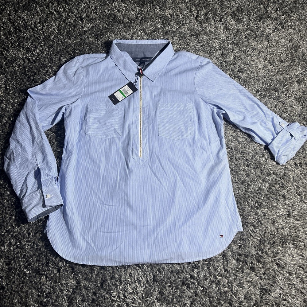 NWT Tommy Hilfiger Zip Up Dress Shirt Blue White Stripe Roll Up Sleeve Womens L