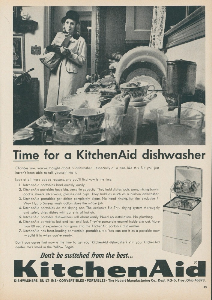 1965 KitchenAid Dishwasher Portable Sink Overflowing Dishes Vintage Print Ad GH2