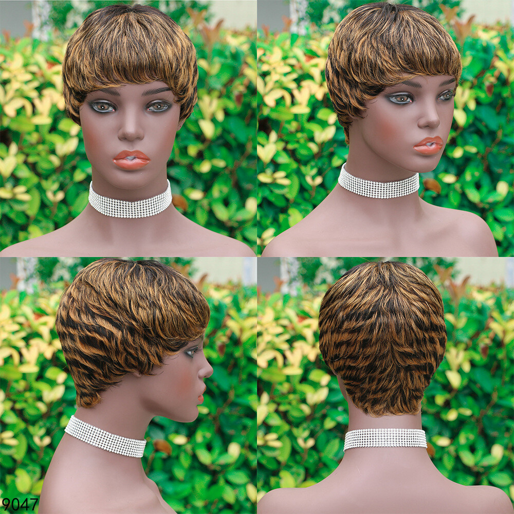 Short Pixie Cut Human Hair Wigs Blonde Black Highlight No Lace Glueless Soft Wig