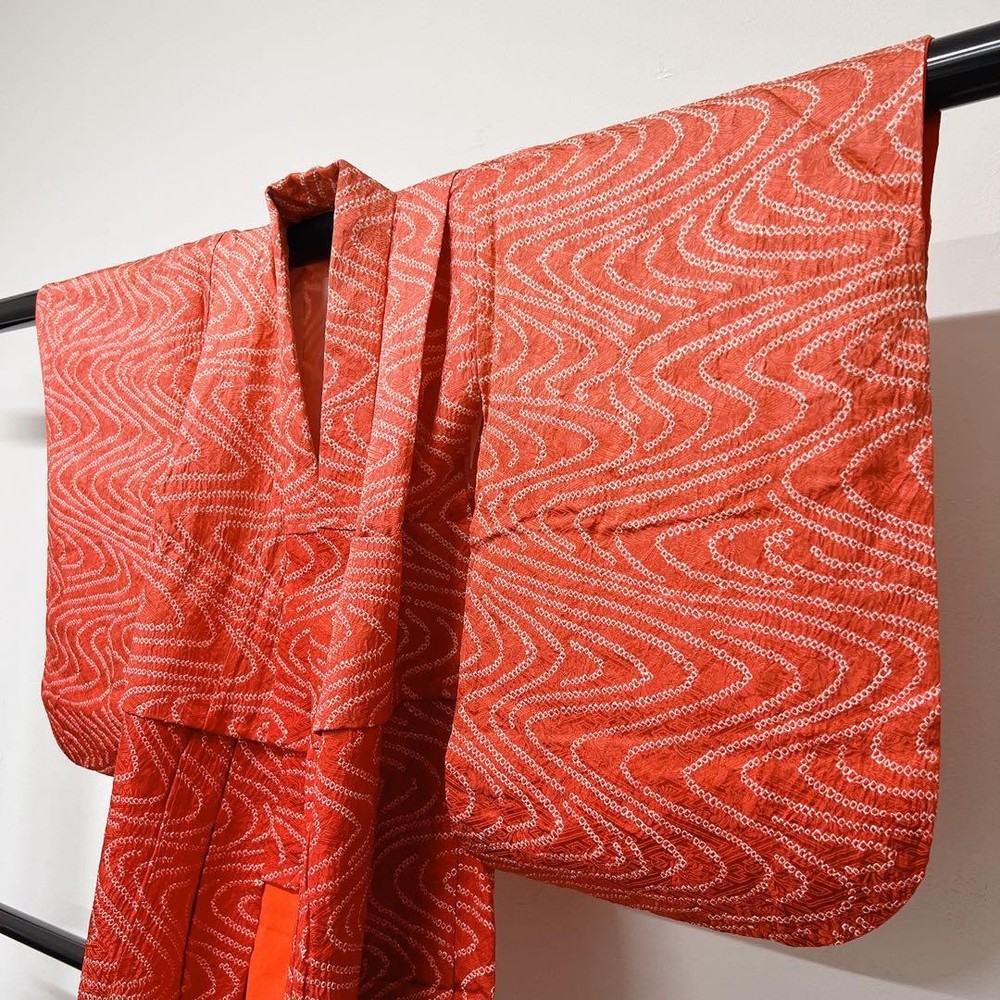 Red Japanese Kimono Haori Shibori Pique Saaya Pattern, Size 33.5in(85cm),