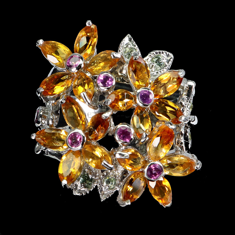 925 Sterling Silver Citrine & Rhodolite Garnet Natural Gemstone Ring Sizeable Jewelry