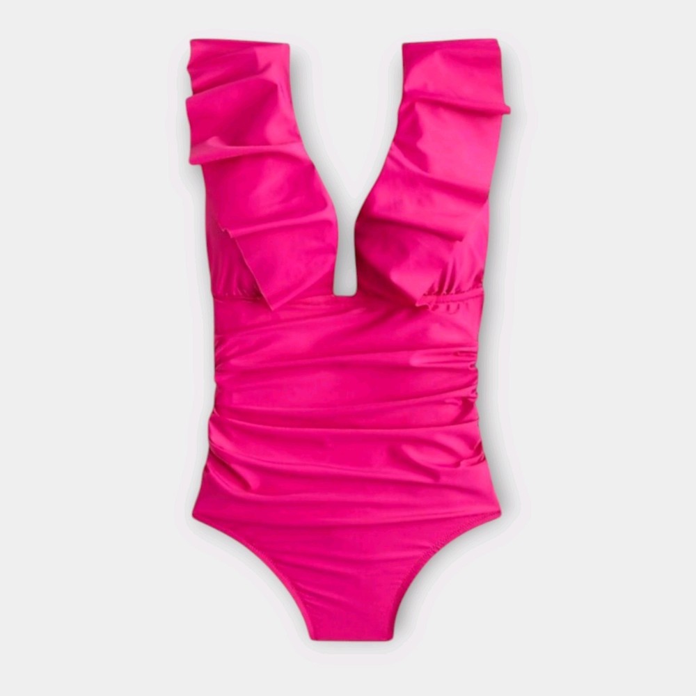 J. Crew Ruched Ruffle One Piece Swimsuit Size 4 Pink Deep V Neck NWT
