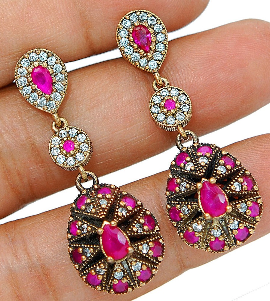Ottoman Empire Inspired 8CT Treated Ruby 925 Sterling Silver Earrings TE3530  