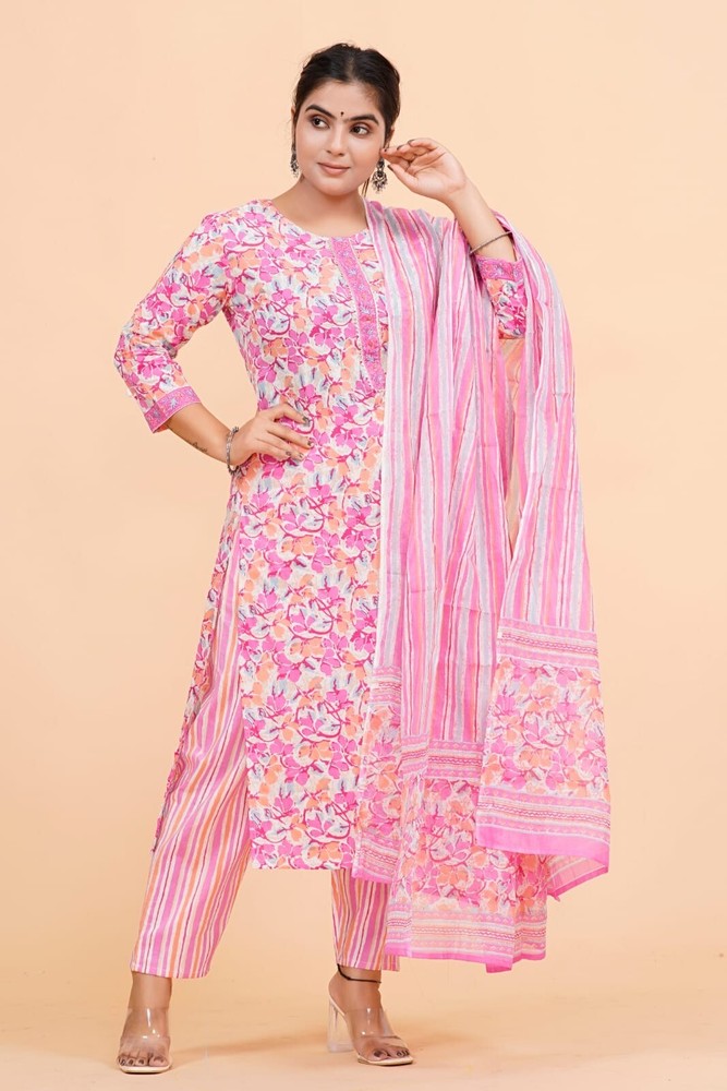Trendy Womens Pink Flower Print Cotton Stitched kurti pant with dupatta
