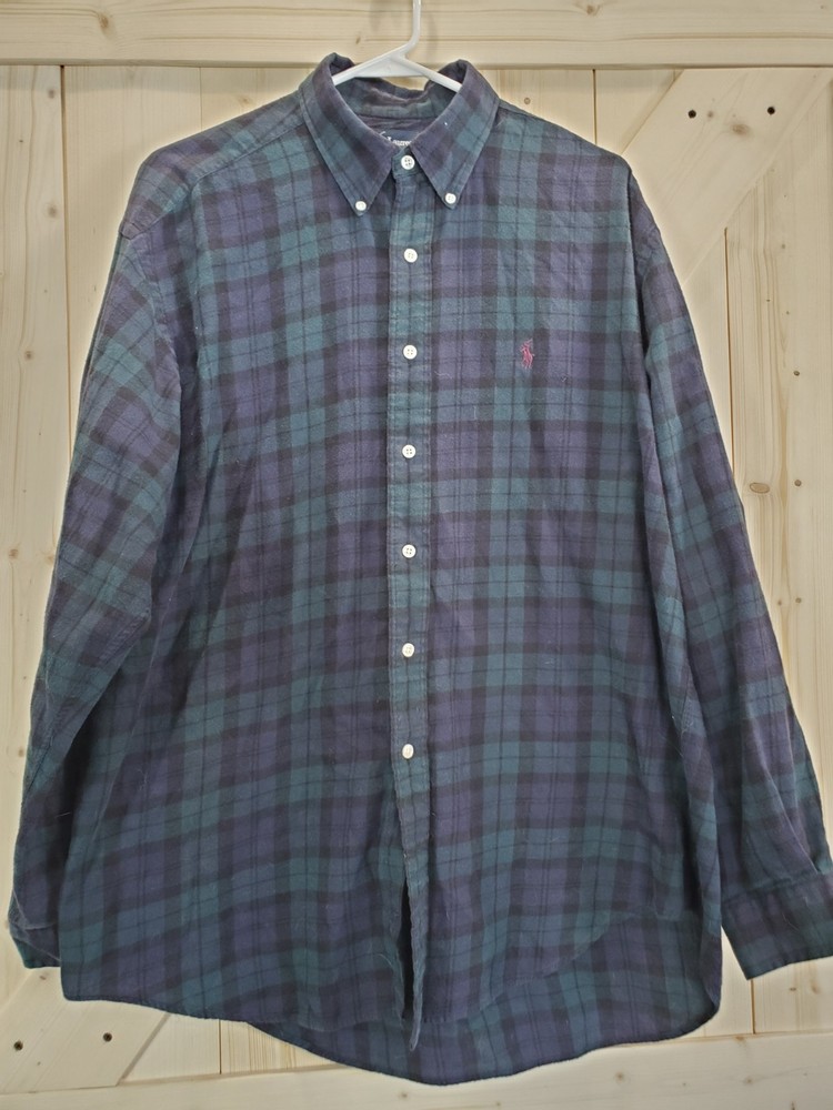 Ralph Lauren Mens L Cotton Blake Green Blue Plaid Long Sleeve Button Down Shirt