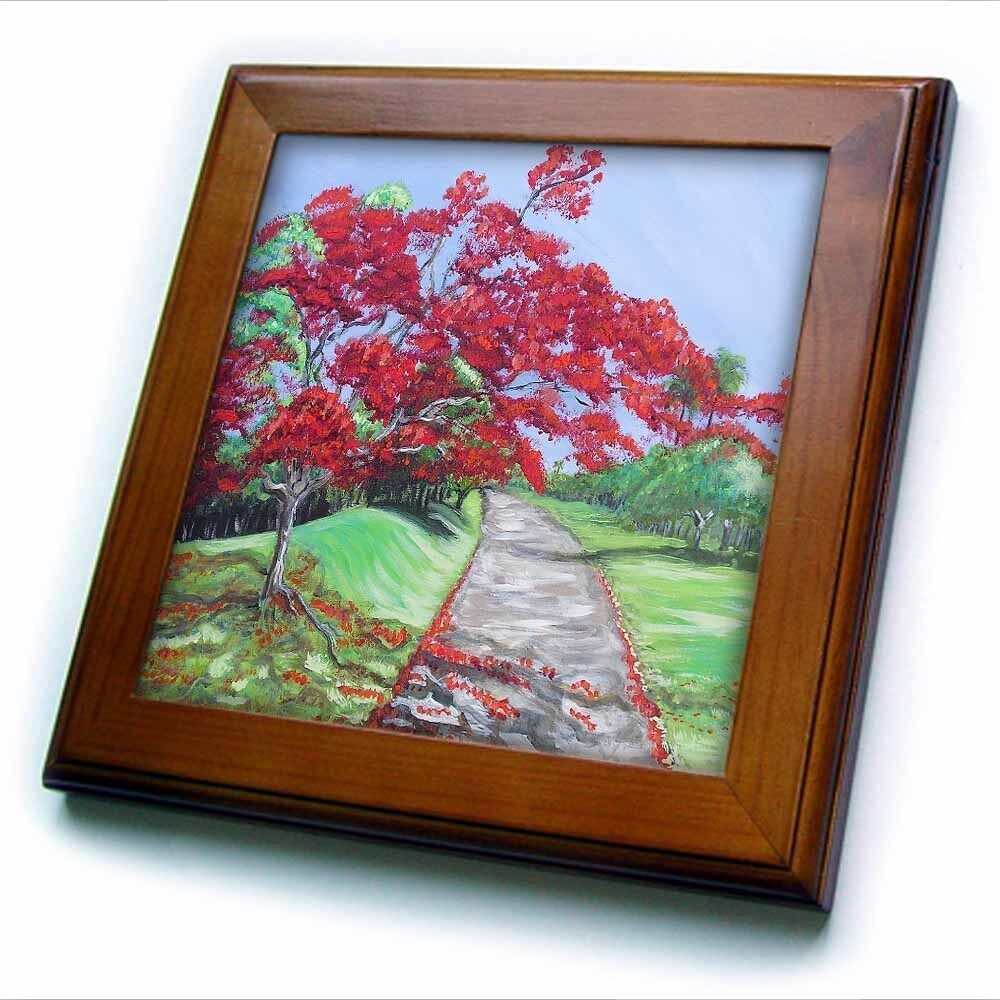 3dRose Flamboyan Tree near dirt road 8x8 Framed Tile