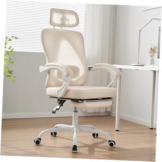 Ergonomic Office Chair, Adjustable Lumbar Support, Cream White With Footrest