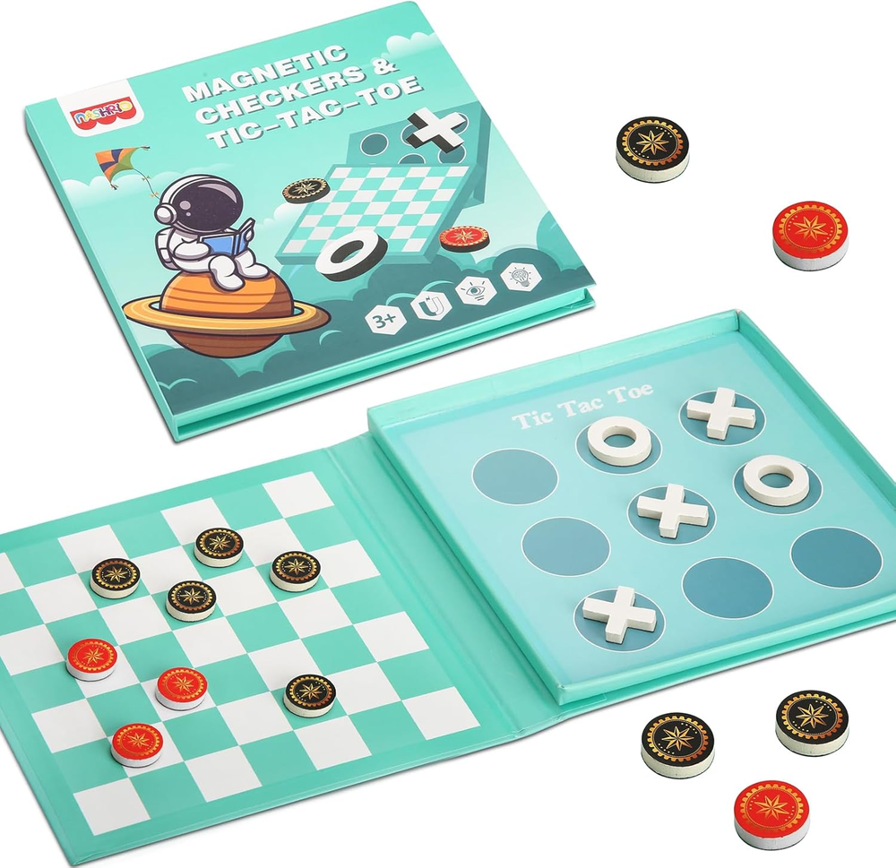 Checkers Board Game for Kids 4-12, 2 in 1 Magnetic Checkers and Tic-Tac-Toe Sets