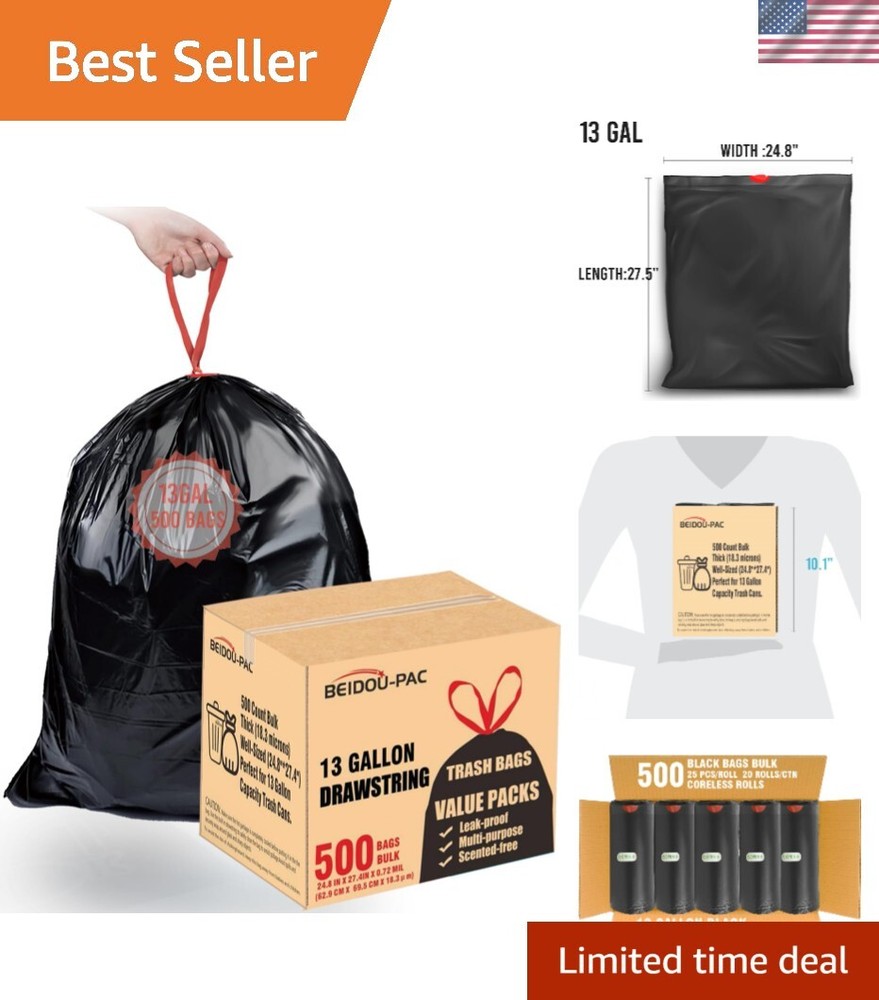 13 Gallon Drawstring Trash Bags, 500 Count Bulk Pack, Black Unscented Value Size