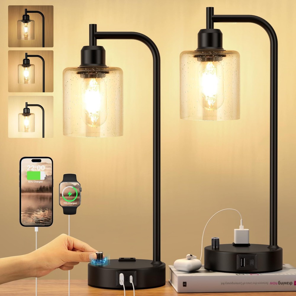 Set of 2 Dimmable Industrial Bedside Table Lamps for Bedrooms