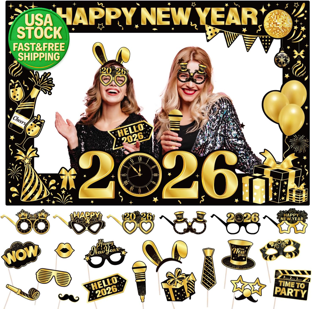 2026 New Years Eve Photo Booth Props Kit Paper Frame Fun Glasses Party Decor-image