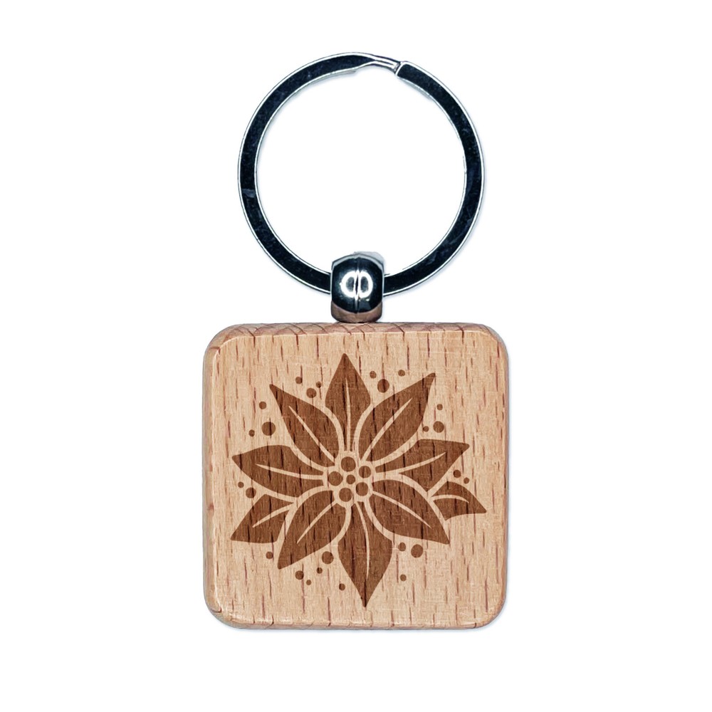 Poinsettia Flower Christmas Engraved Wood Square Keychain Tag Charm