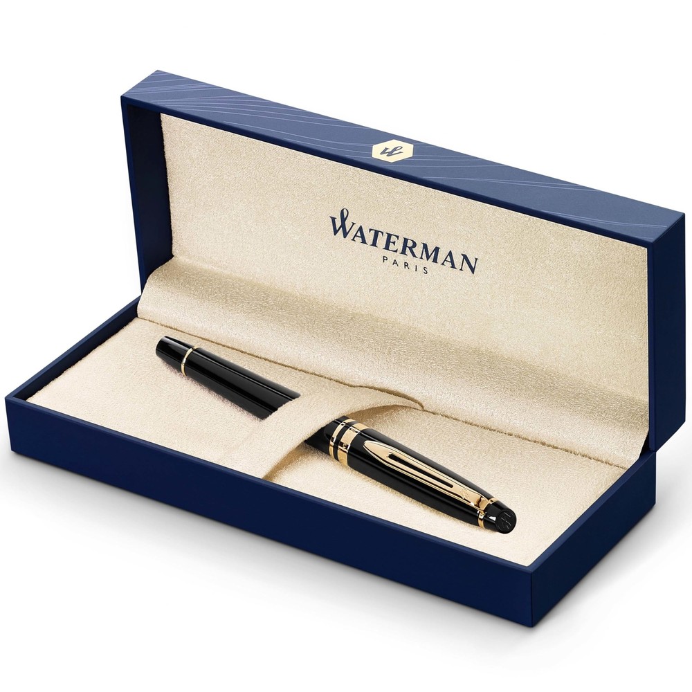 Waterman Expert Rollerball Pen   Gloss Black with 23 k Gold Trim   Fine Point