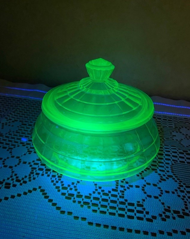 Vintage Uranium Glass Covered Candy Dish Green Depression Glow UV Glass Lid