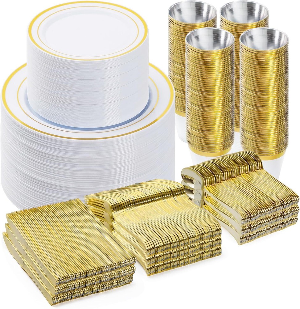 600-Piece Gold Plastic Dinnerware Set for 100 Guests, Perfect for Party or Event