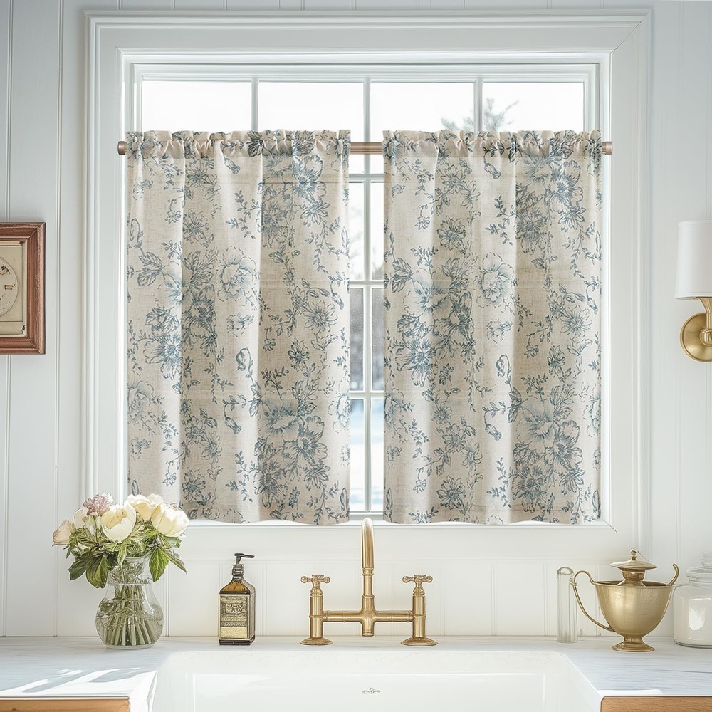 Linen Kitchen Curtains Floral Tier Drapes 24 Inch Farmhouse Botanic Cafe Curt...
