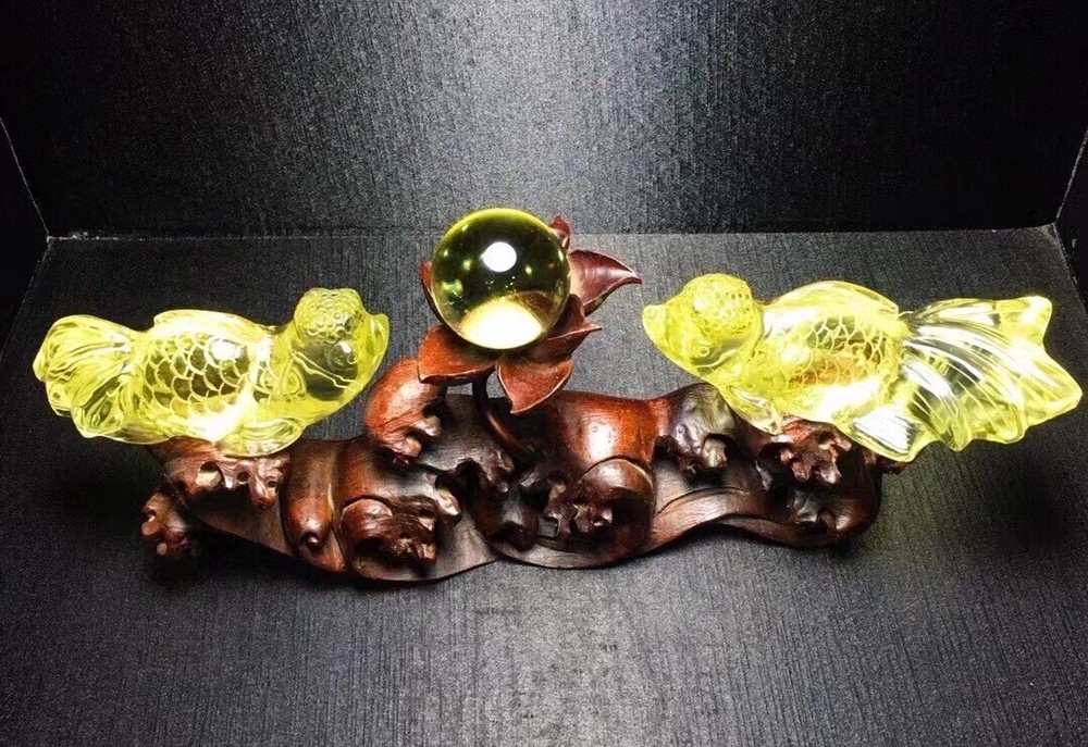 Natural Citrine Quartz Goldfish Skull Hand-Carved Crystal Healing Ball Pair