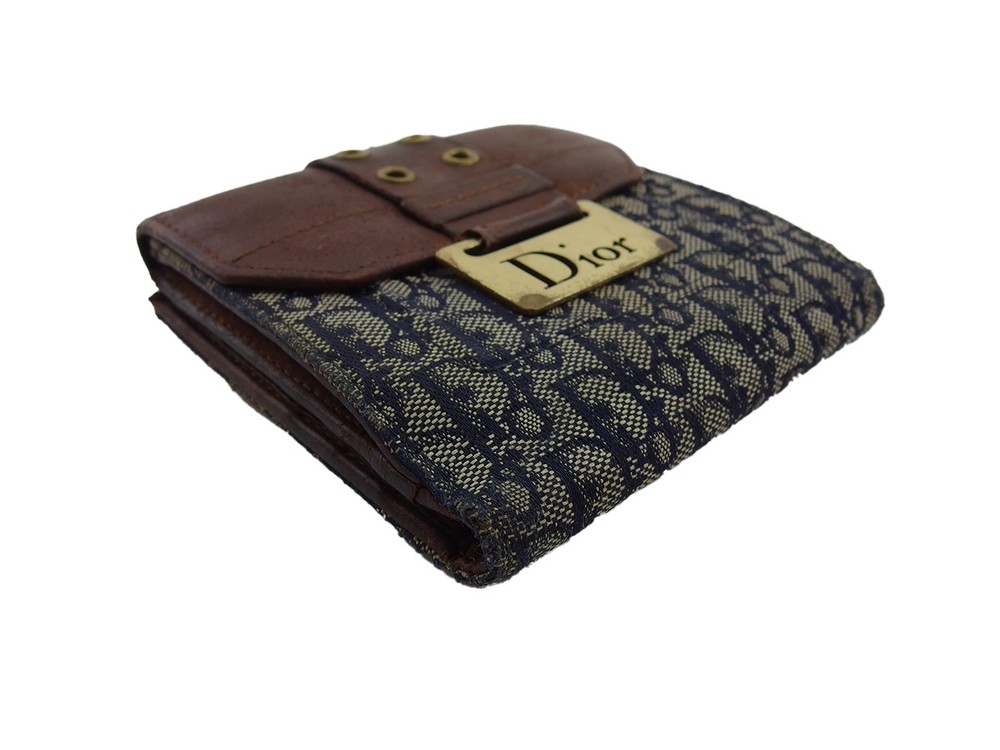 Dior Bifold Wallet Navy Beige Brown Women Authentic secondhand