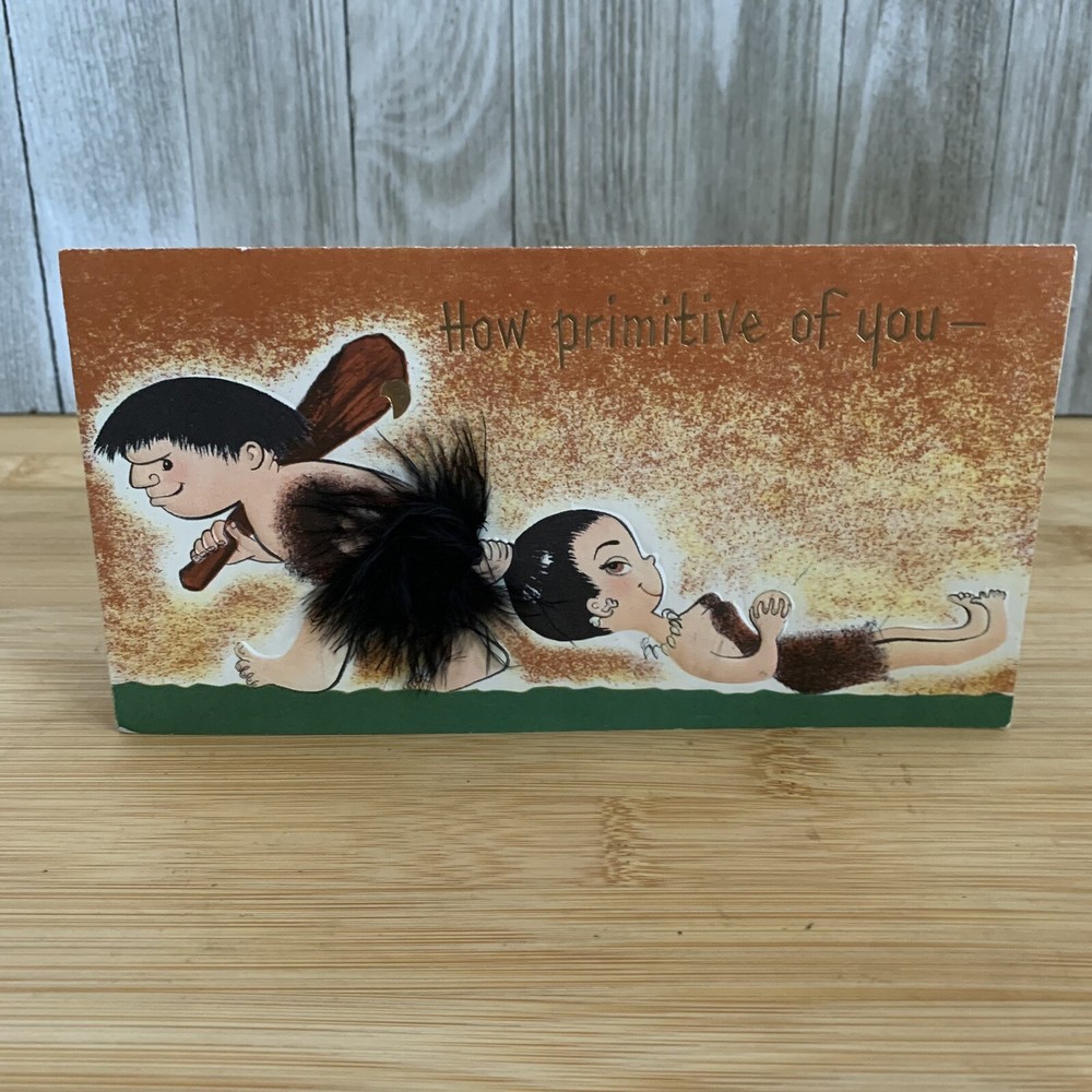 Vintage Wedding Card Caveman & Winking Women “How Primitive Of You” 1950’s