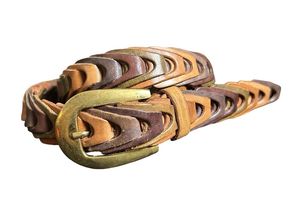 VTG Leather Braided Multicolor Green Slim Belt Size M/L Brass Buckle