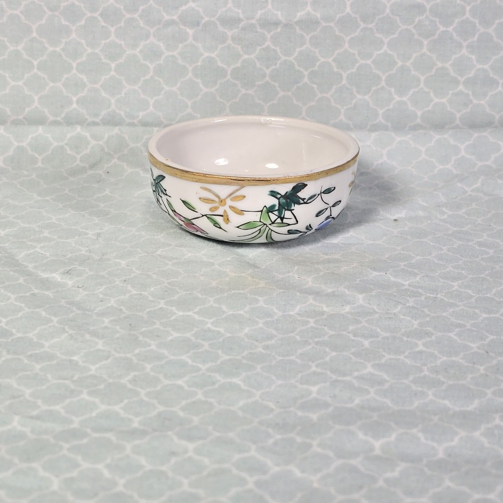 Small Trinket Dish Floral Painted Round Gold Rim