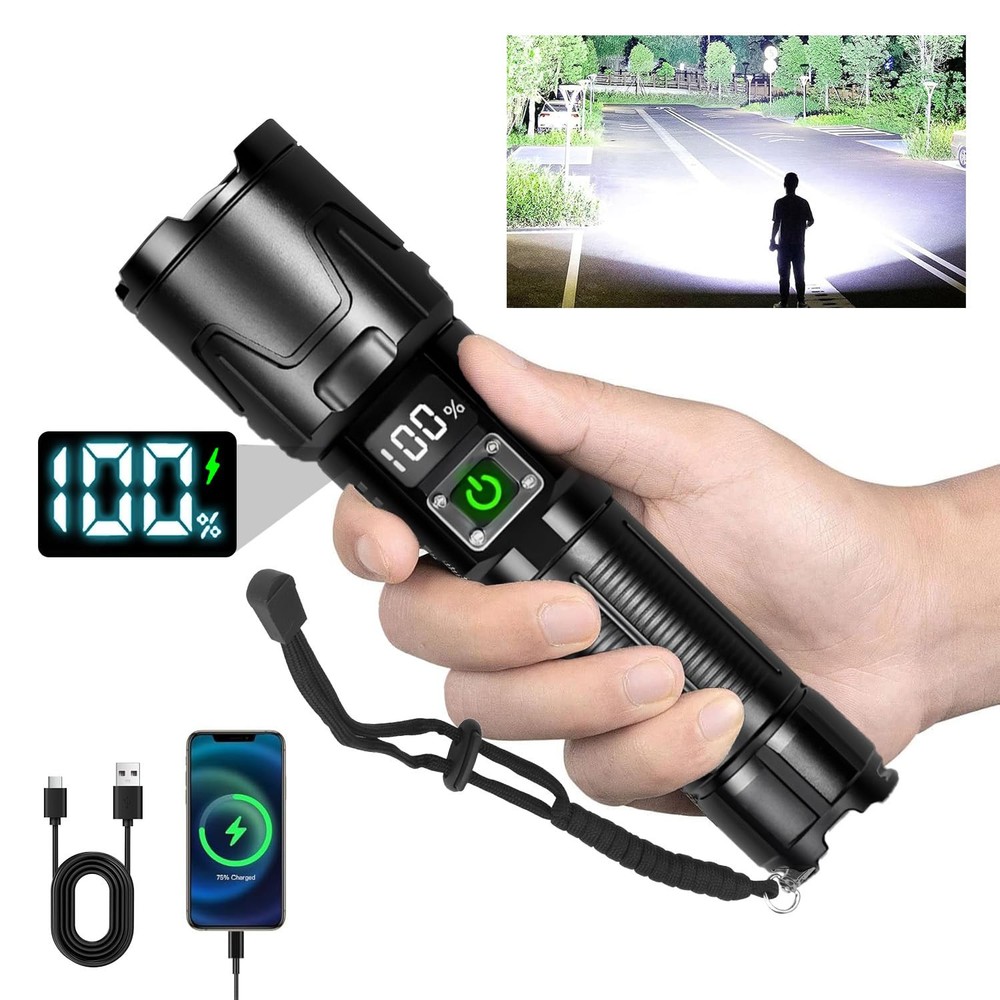 Super Bright Rechargeable Flashlight with 1000000 Lumens High-Powered LED Light for Outdoor Adventures and Emergency Use