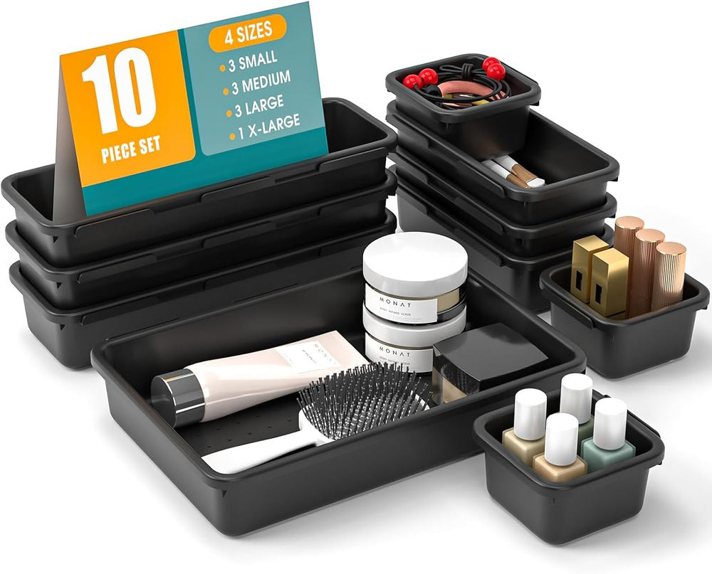 10-Piece Drawer Organizer Set with Non-Slip Base in 4 Sizes for Makeup Storage