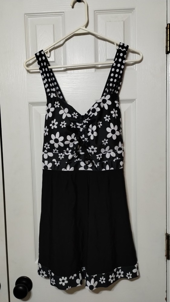 Black White Floral Polka Dot Swimdress 3XL Adjustable Straps Polyamide Women's