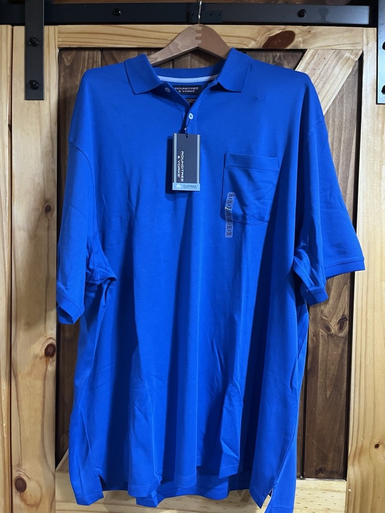 NWT Men's Roundtree & Yorke Short Sleeve Blue Golf Polo Pocket Shirt SUPIMA 2XL