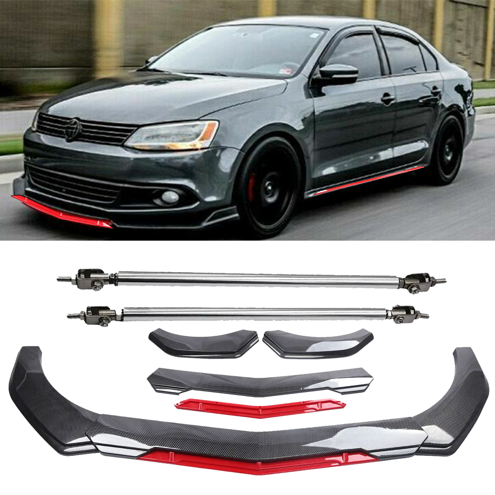 Carbon Fiber Front Bumper Lip Spoiler Splitter for VW Jetta MK6 MK7 with Strut Rod  