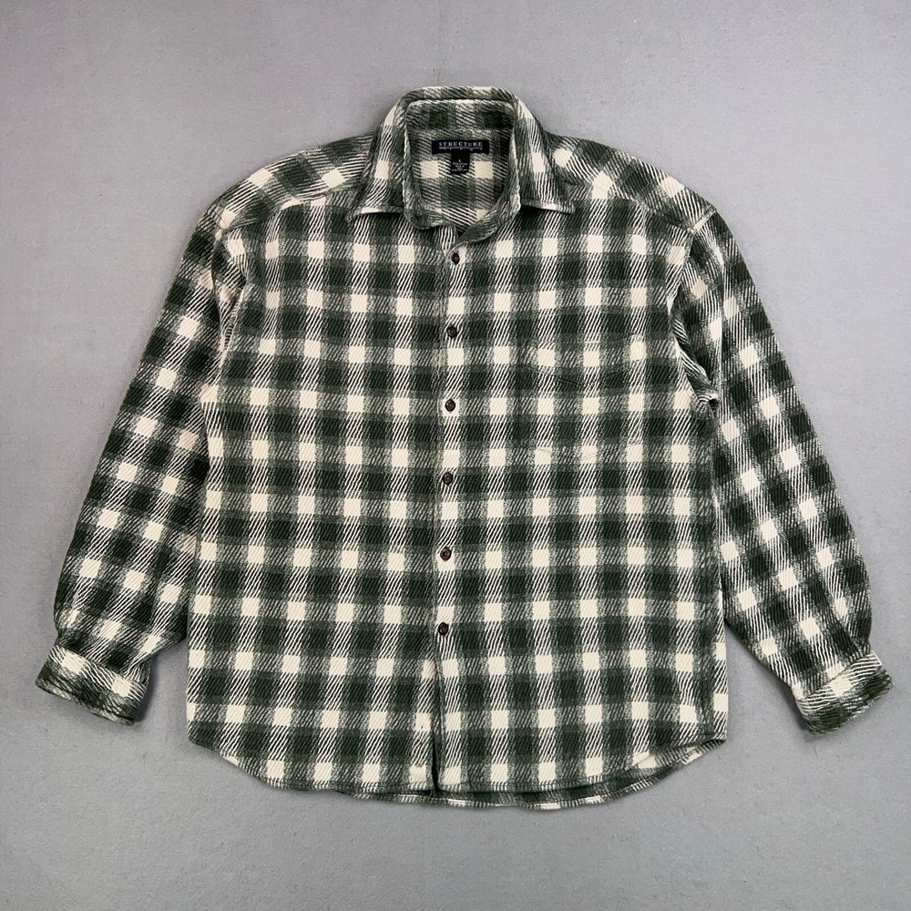 Vintage Structure Shirt Men Large Plaid Flannel Shacket Workwear Cabin Distress