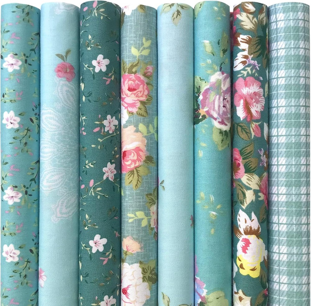 8Pcs 18x22 inch Cotton Fabric Green Floral Rose Fat Quarters Series