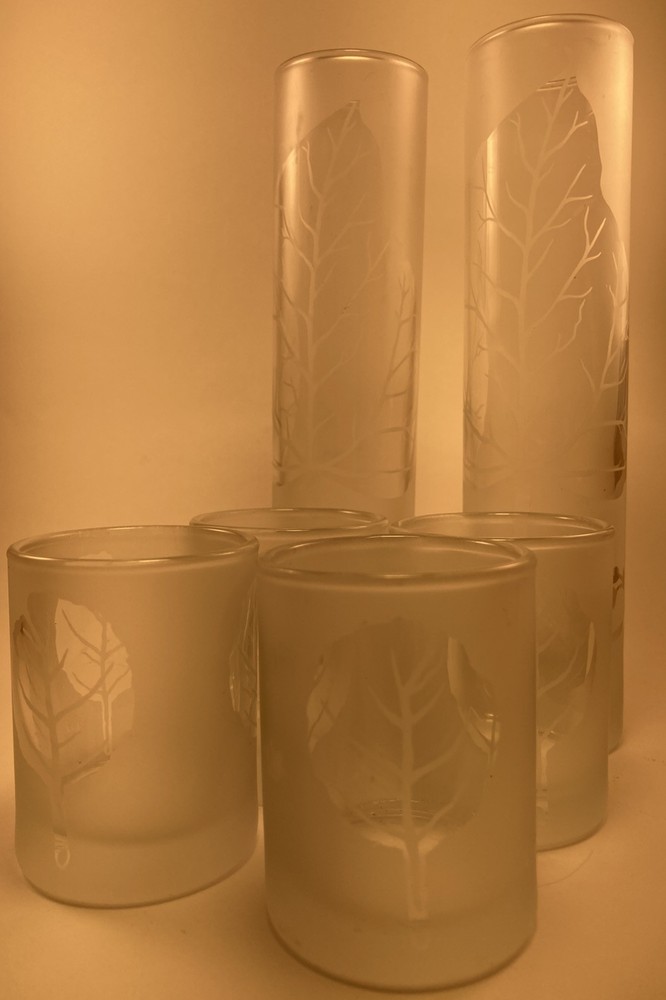 Frosted Etched Glass Votive Set with Birch Leaf Design - 2 Tall & 2 Short Candles
