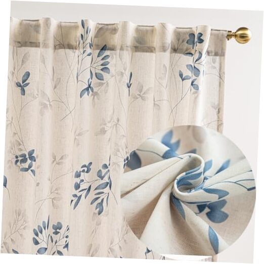 Linen Living Room Leaf Curtains, Printed Light Filtering Curtains, French